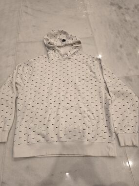 Nike White Crewneck Hoodie with All-Over Black Swoosh Print - Men